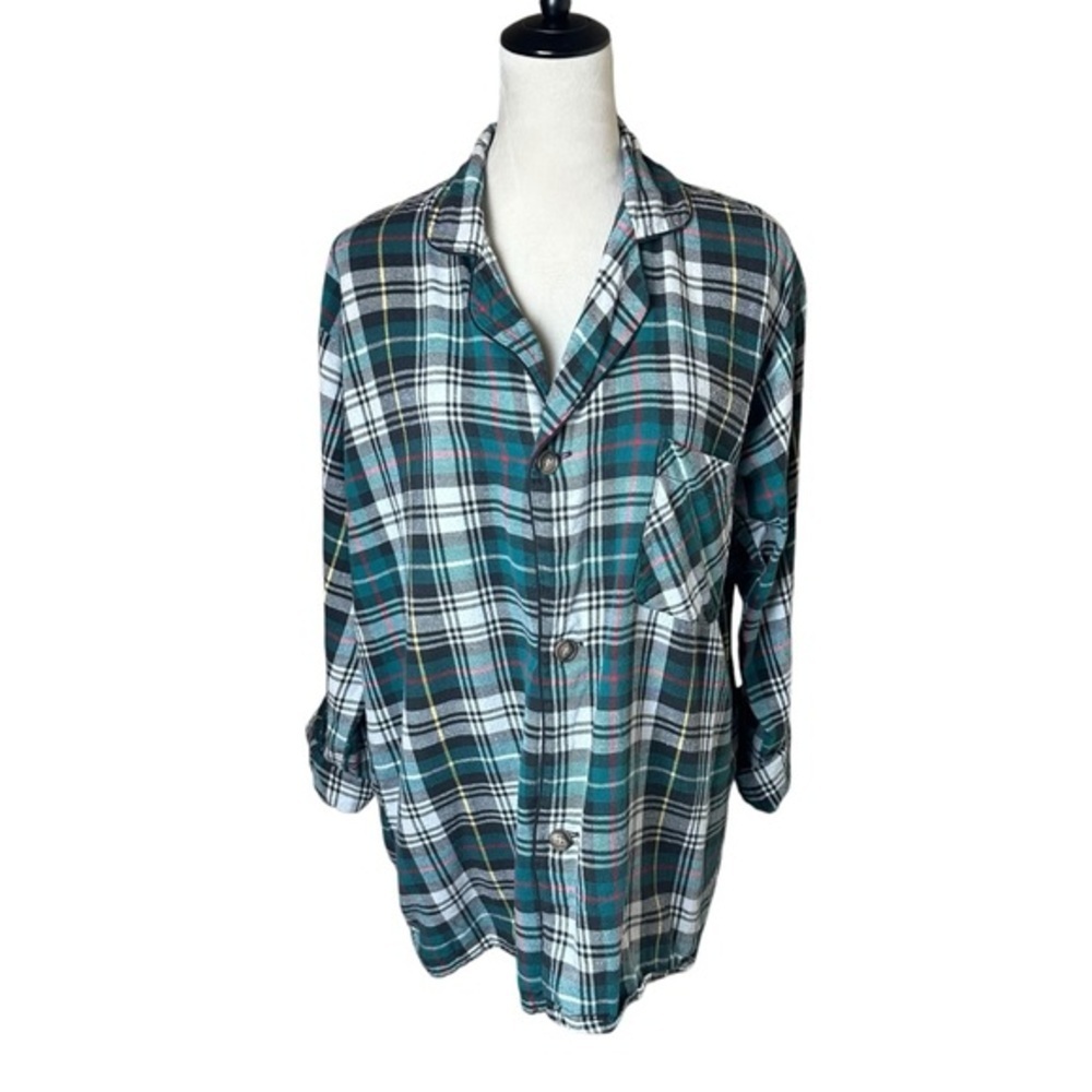 90s Vintage Hill & Archer Green Plaid Cotton Pajama Flannel Top Grunge Boyfriend